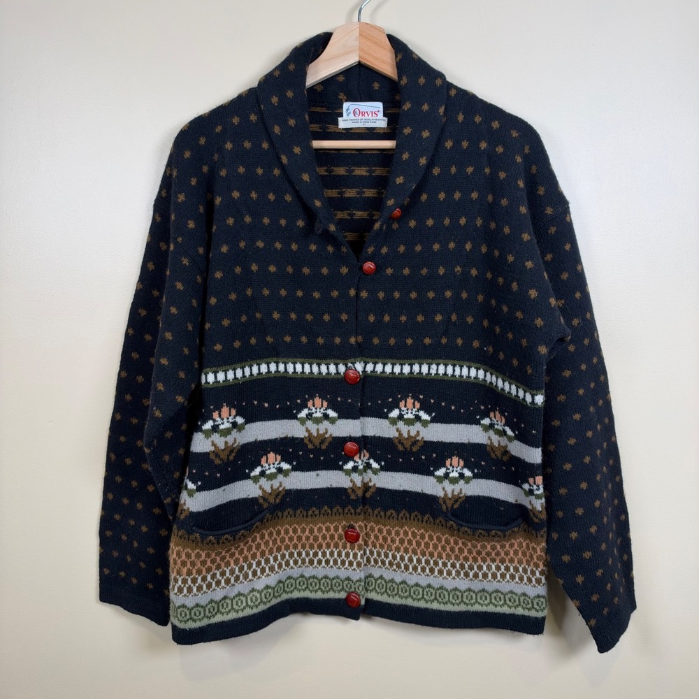 VTG Orvis Cardigan Women M Black Shawl Collar Fair Isle Floral Lambswool Sweater